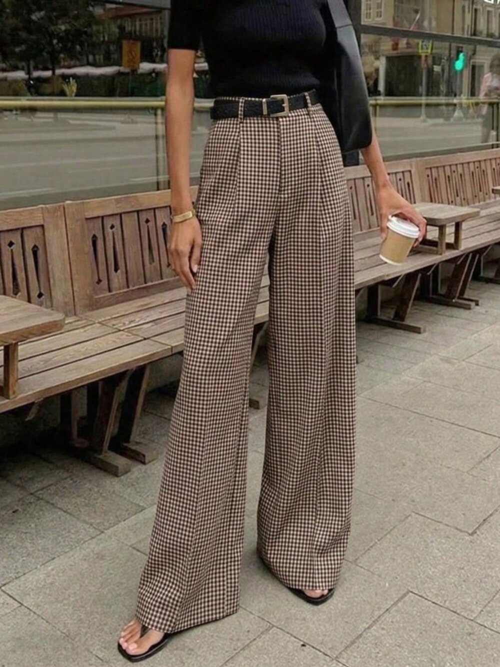 Multicolor Casual Women's Plaid High Waist Straight Leg Pants - Picture 5 of 8
